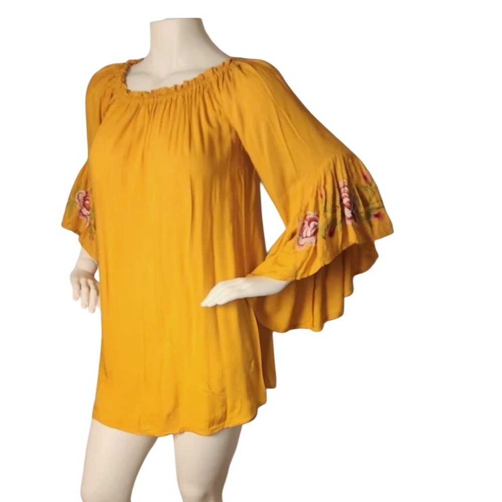 Feathers Mustard Yellow Floral Embroidered Bell Sleeve Off‎ Shoulder Blouse XL